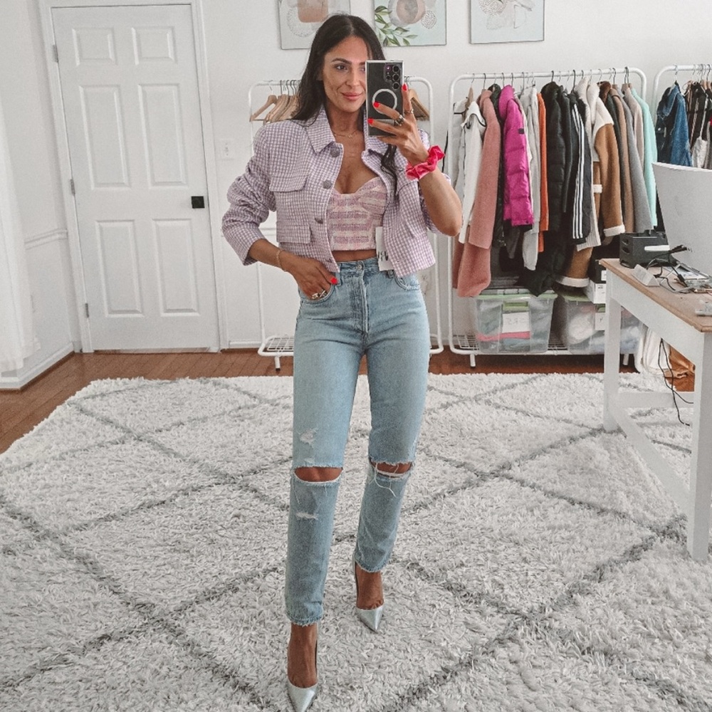 Zara purple/white checkered cropped blazer NWT